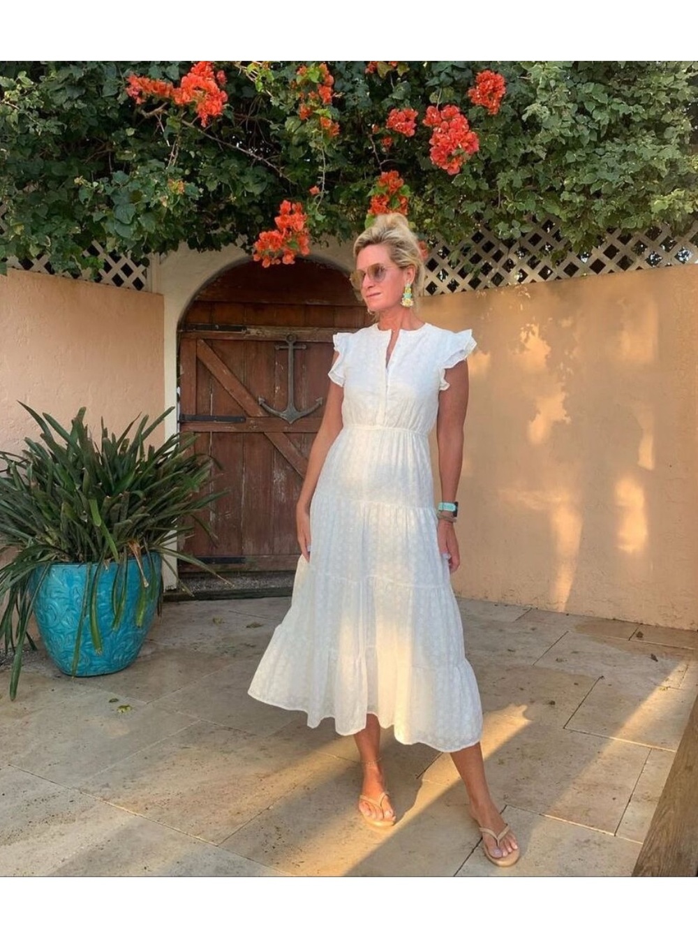 Storia White Ruffled Flutter-Sleeve Midi Dress